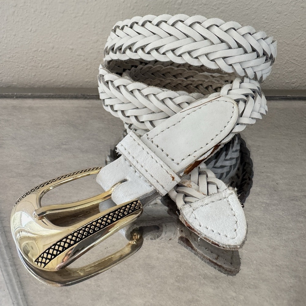Vintage White Leather Woven Belt Women Sz XL Gold Hardware Preppy Boho Retro 90s